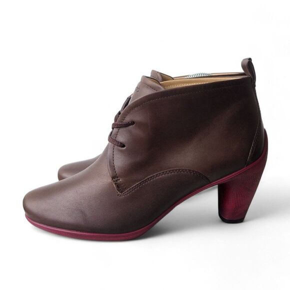 ECCO Sculptured 65" Leather Ankle Booties Brown / Burgundy Heel Women's 10-10.5 - Picture 2 of 11